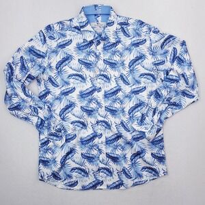 Claudio Lugli Shirt Mens Extra Large Blue Hawaiian Floral Palm Allover Button Up